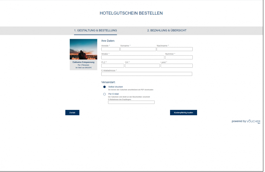 Screenshot Gestaltung Bestellung Frontend VOUCHER Gutscheinverwaltung Hotel Gutschein Tool
