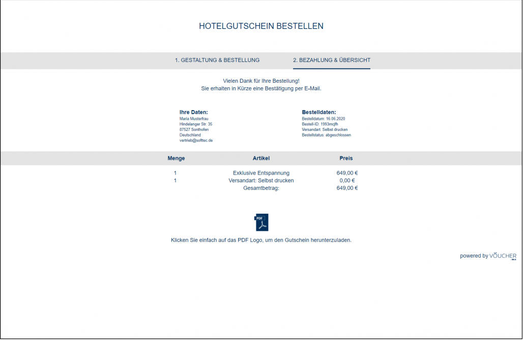 Screenshot Bezahlung Übersicht Frontend VOUCHER Gutscheinverwaltung Hotel Gutschein Tool